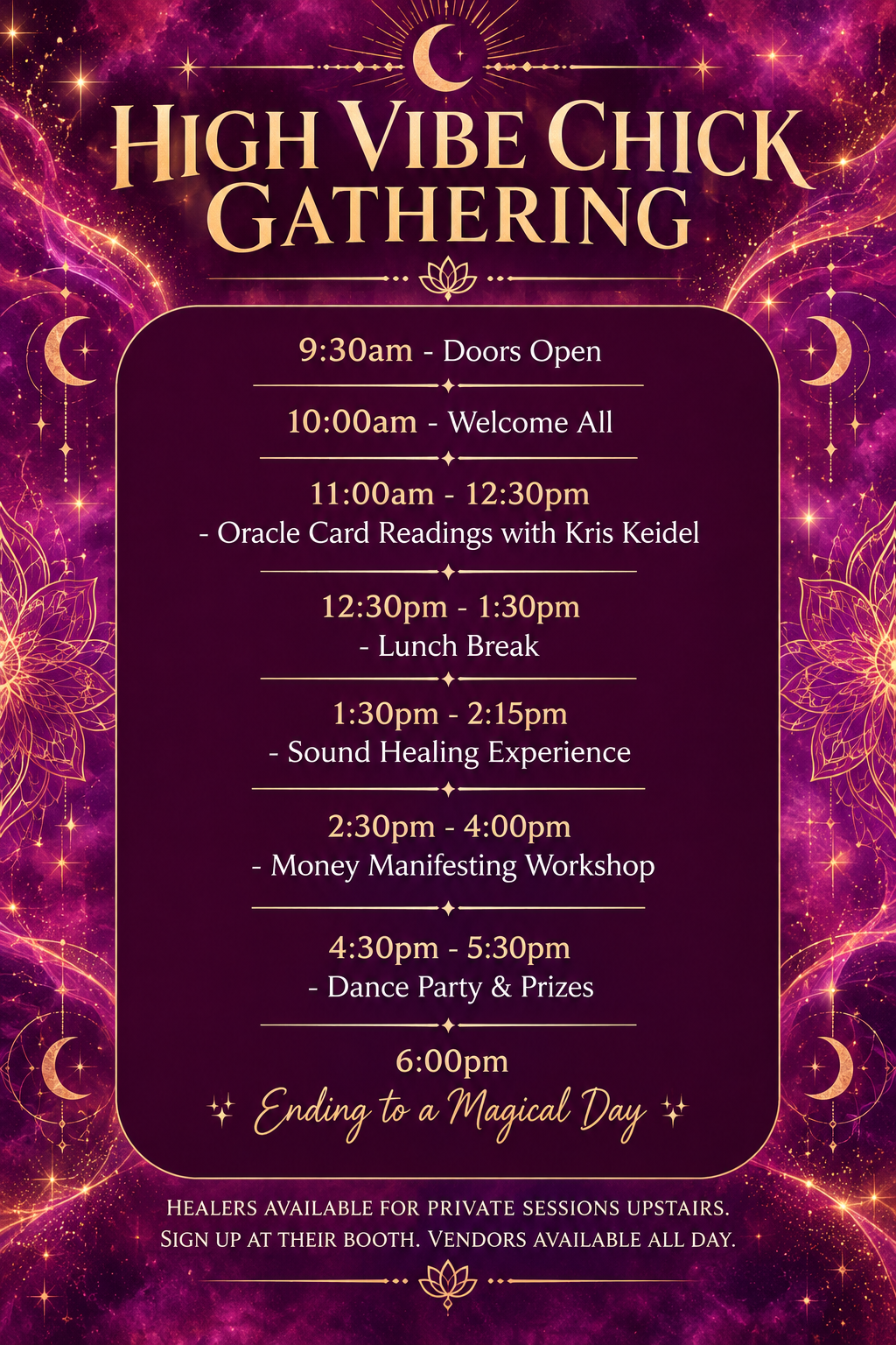 High Vibe Chick Gathering schedule poster with the full flow of the day